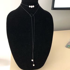 Black leather and pearl wrap necklace